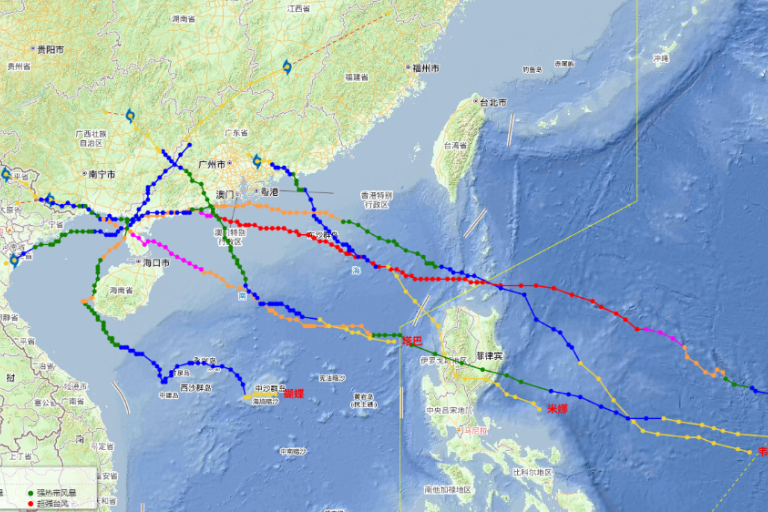Map showing several typhoon tracks across East and Southeast Asia, with color-coded lines indicating each typhoon's path and place names labeled in Chinese.