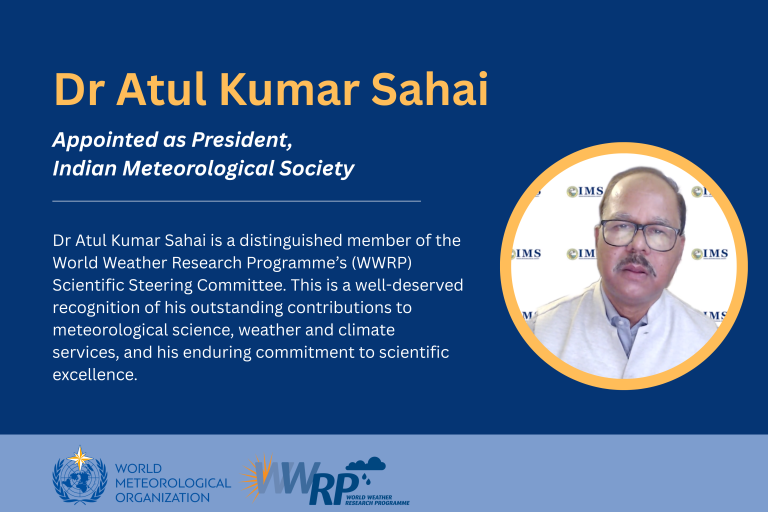 Dr. Atul Kumar Sahai is announced as President of the Indian Meteorological Society, with a photo and summary of his scientific contributions.