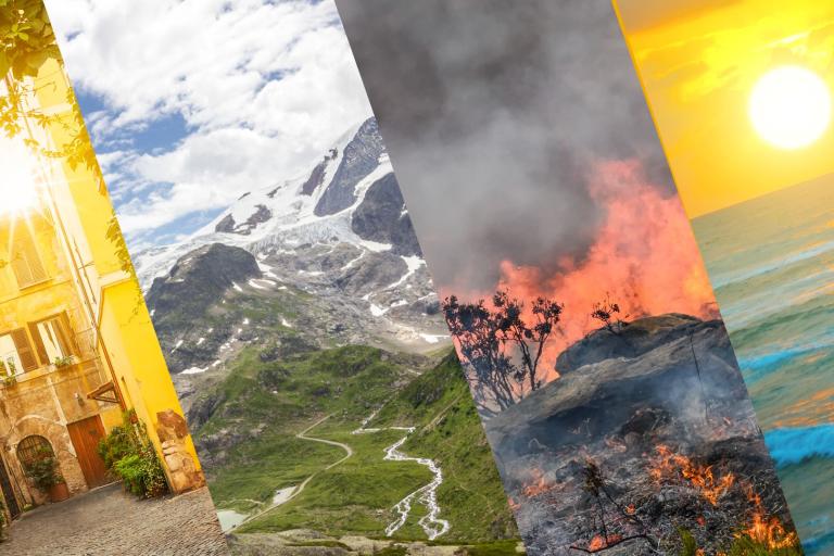 Four vertical panels show a sunny village, snowy mountains, a wildfire with smoke, and an ocean sunset, representing different climates and environments.