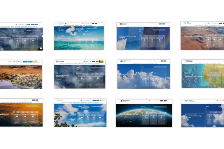 Grid of twelve weather website homepages, each displaying forecast information and various background images of skies, landscapes, or satellite views.