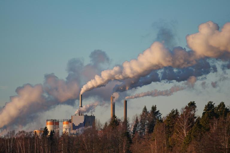 Industrial facility with multiple smokestacks emitting large plumes of smoke above a forested area under a clear sky.