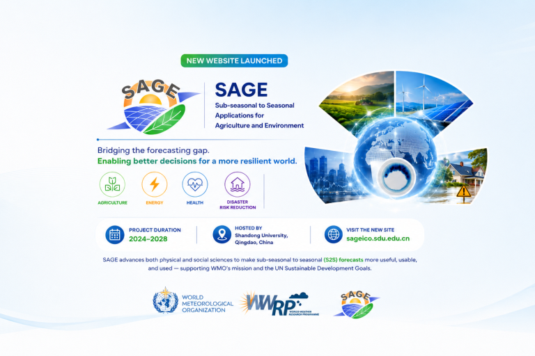 SAGE project promotional graphic showing its logo, application icons, project details, and a globe with climate and agriculture imagery. New website launch is highlighted.