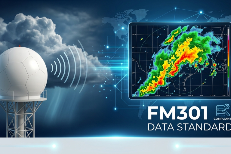 Weather radar on a tower transmits signals; nearby, a screen displays a color weather map with a large storm. Text reads "FM301 Compliant Data Standard.