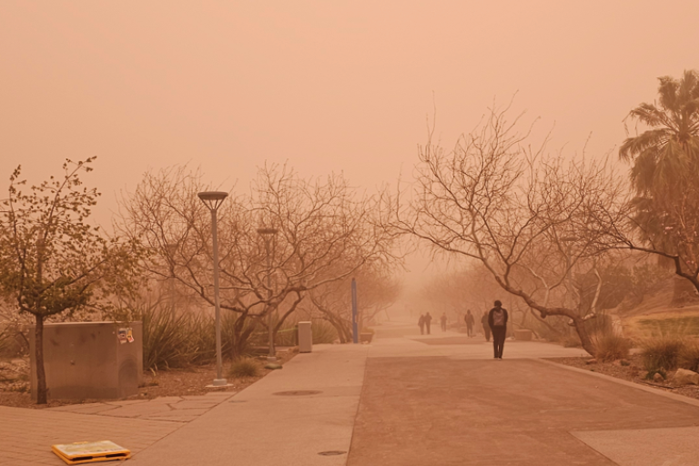 People walk along a tree-lined path under a heavy orange haze, likely caused by dust or wildfire smoke, limiting visibility and casting an unusual light over the scene.