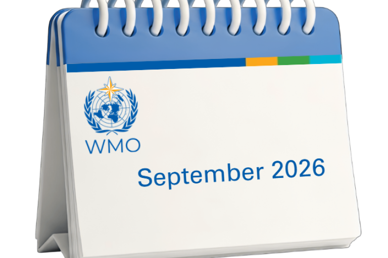 A spiral desk calendar showing the WMO logo and the text “September 2026” on its front page.