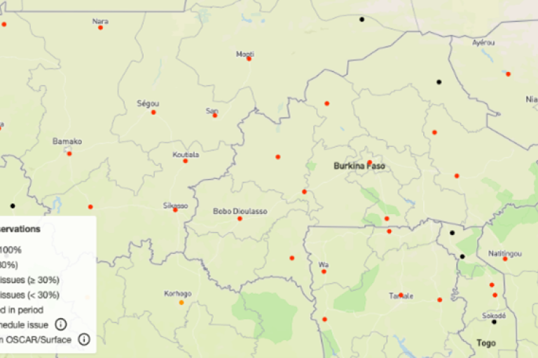 A map of Burkina Faso shows colored dots indicating received observations based on availability levels; a legend on the left explains the color codes for data status.