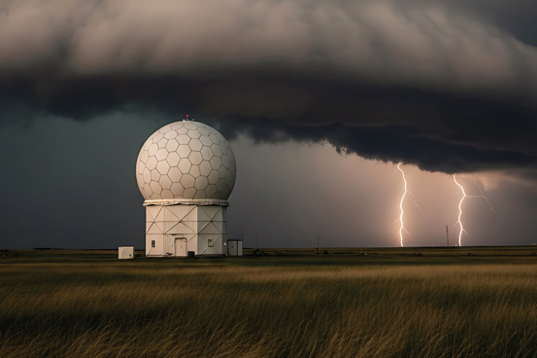 A large geodesic radar dome stands in a grassy field under dark storm clouds, with lightning striking in the background.