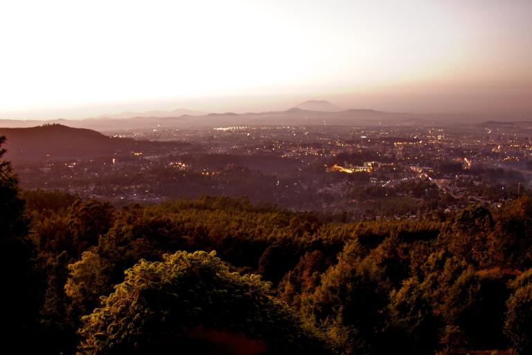 Elevated view of a city at sunset with dense trees in the foreground, city lights appearing as the sun sets, and mountains visible in the distant background.