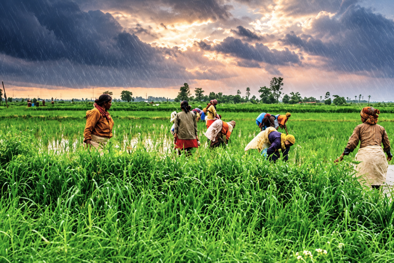 Farmers working in a green rice field during a light rain shower under a cloudy sunset sky.