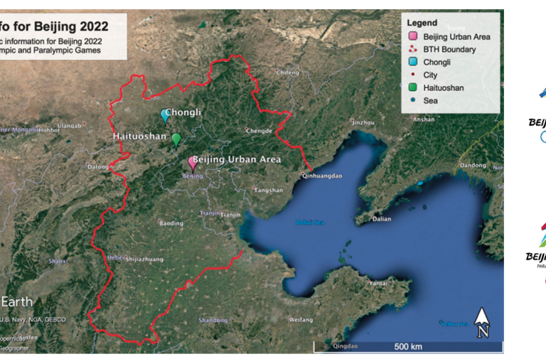 Figure 1. Locations of the three sporting zones and the solid red line indicates the Beijing–Tianjin–Hebei (BTH) boundary (figure created with Google Earth Pro)