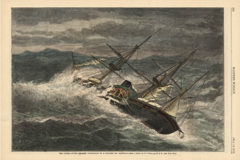 The United States Steamer “Powhatan” in a cyclone of Hatteras – From a sketch by G.T. Douglass, U.S.N. – [See Page 374.] in Harper’s Weekly, May 12, 1877.