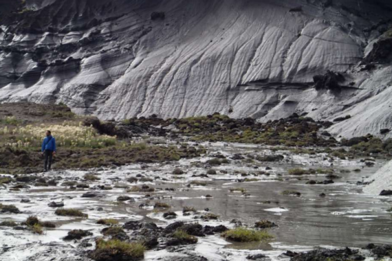 Thawing coastal permafrost in Arctic Canada with person for scale. Credit: G. Hugelius