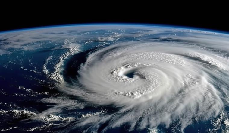 Cyclone over Pacific. Massive cyclone related to El Nino phenomena swirling over the Pacific Ocean.