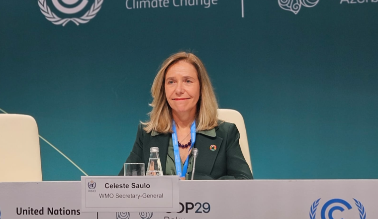 A woman sits at a conference table with a nameplate reading "Celeste Saulo, WMO Secretary-General." The backdrop features United Nations Climate Change and COP29 logos.