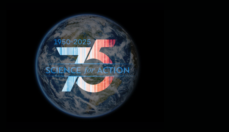 A stylized number "75" is superimposed on an Earth image with the text "1950-2025, Science for Action" on a black background.