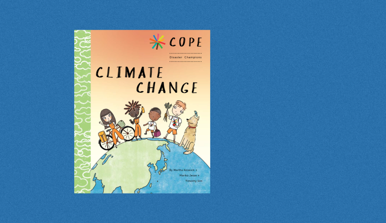 The cover of the book "COPE: Climate Change" features illustrated children and a dog standing on a drawing of Earth against an orange background.