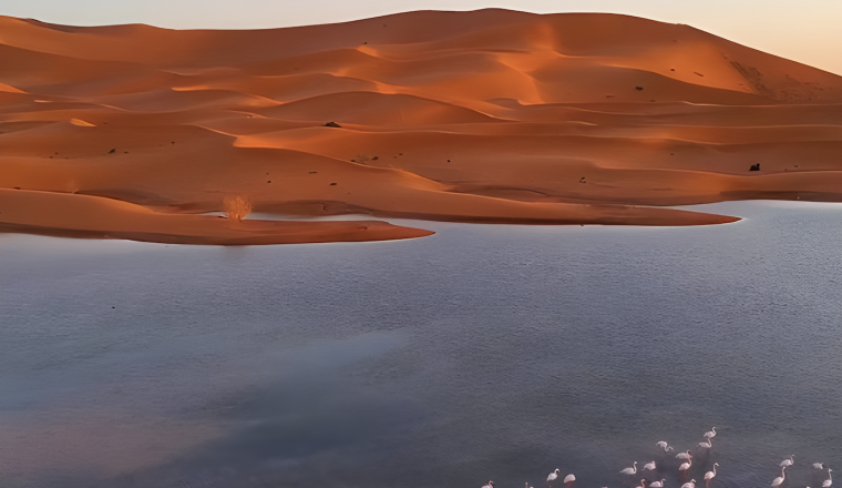 A group of flamingos stands in shallow water with large, orange sand dunes in the background under a clear sky.