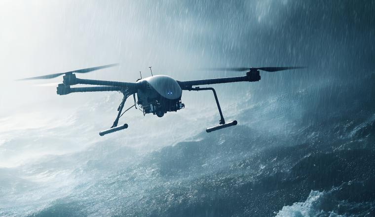 Drone in storm over roiling waters