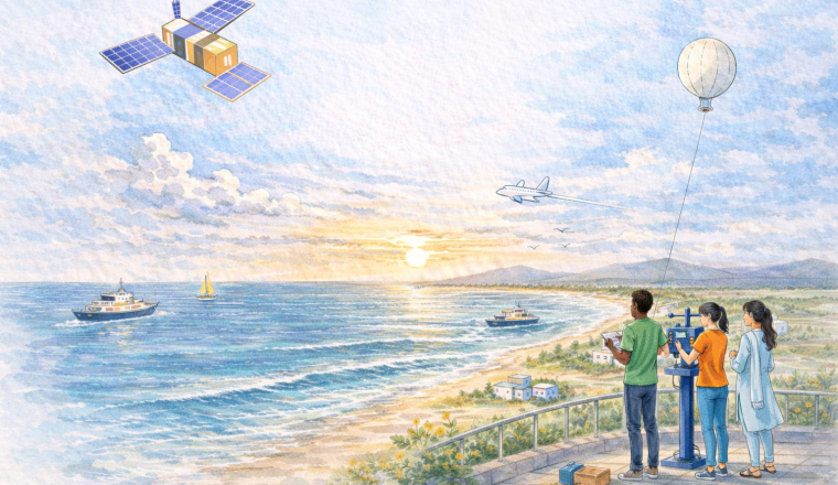 Three people stand on a seaside balcony at sunset, observing a satellite, balloon, plane, and boats; one person operates a remote-controlled drone.