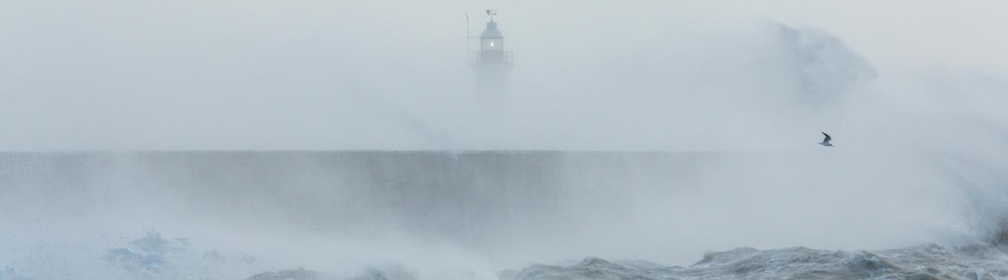 Rough seas crashing against a long, concrete breakwater, with a lighthouse faintly visible through mist. A lone bird flies above the water.