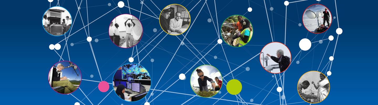 Collage of people engaged in various scientific activities, connected by white lines and dots, on a blue background.
