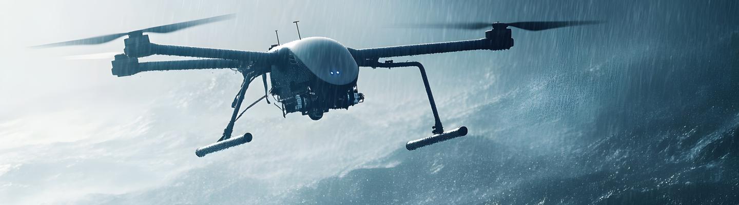 Drone in storm over roiling waters