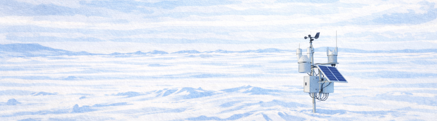 A weather monitoring station with solar panels stands in a vast, snow-covered landscape under a cloudy sky.