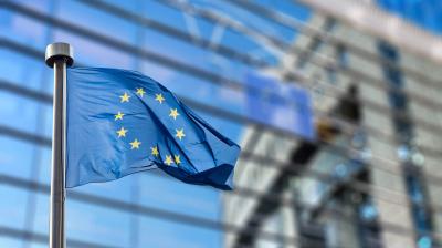 European Union flag against European Parliament