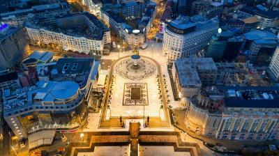 An aerial view of a city at night.