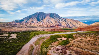 Aerial Drone Above Cafayate Vineyards and Town, Scenic Grape Production Field and Agricultural Village next to Andean Cordillera, Salta, Argentina