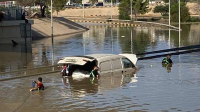 A van is submerged in water under a bridge.