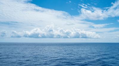 Expansive ocean under a wide sky with fluffy clouds.