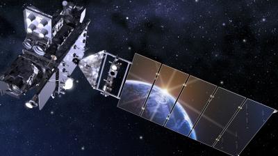 A satellite orbits Earth in space, with the planet visible in the background and solar panels extended.