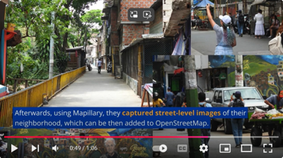 Collage showing a street view, a person pointing, and local scenes. Caption explains residents using Mapillary to capture street-level images for OpenStreetMap.