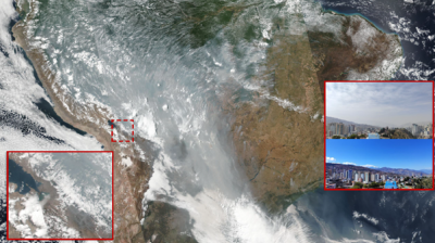 Satellite view of South America with smoke from fires. Insets show cityscapes with clear and hazy skies.