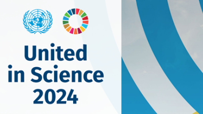 Banner with the UN emblem and a colorful circle next to the text "United in Science 2024" on the left, and abstract blue and white stripes on the right.