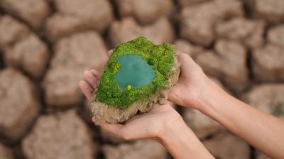 Hands holding a piece of dry cracked earth with moss and a small pool of water. Background shows more cracked earth.