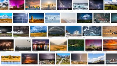 A collage of various landscape photos featuring storms, auroras, mountains, glaciers, and natural phenomena under different weather conditions.