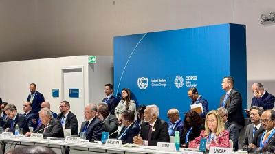 A group of people in formal attire seated and standing at tables in a conference room with a blue United Nations Climate Change backdrop.