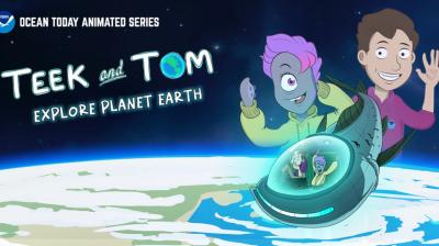 Animated image of "Teek and Tom," featuring two characters above Earth in a small spaceship. Text reads "Ocean Today Animated Series: Explore Planet Earth.