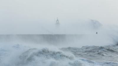 Rough seas crashing against a long, concrete breakwater, with a lighthouse faintly visible through mist. A lone bird flies above the water.