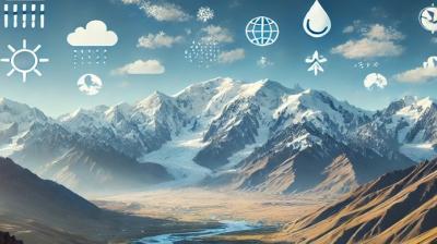 Snow-capped mountain range under a clear sky, overlaid with weather and climate-related icons such as sun, rain, and temperature graphs.