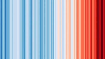 Vertical stripes in varying shades of blue, white, and red represent temperature changes over time.
