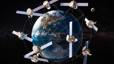 A cluster of satellites orbits Earth with visible continents and oceans, joined by lines against a starry space backdrop. A distant moon is visible in the background.