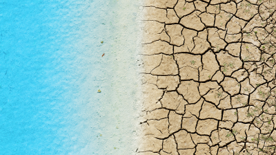 Aerial view of contrasting landscapes: vibrant blue water on the left and cracked, dry earth on the right.