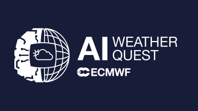 Logo with a globe and cloud icon, alongside text reading "AI Weather Quest" and "ECMWF" on a dark background.