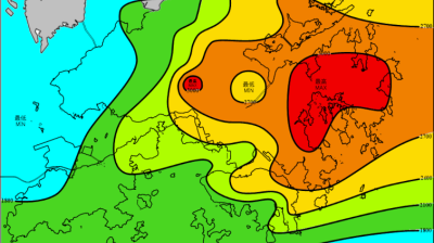 Color-coded contour map illustrating varying levels of data, with red indicating the highest and green the lowest, covering regions including parts of a coastal area. Labels are in a non-English script.