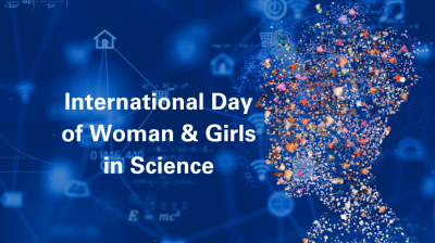 Silhouette of a woman filled with colorful particles against a blue background with text: "International Day of Woman & Girls in Science.
