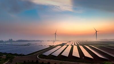 A sprawling solar farm and wind turbines under a colorful sunrise sky, showcasing renewable energy technology amidst a foggy landscape.
