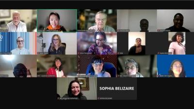 A group of people in a video conference, each in individual screen tiles, smiling and engaged. Names are displayed on the screen.